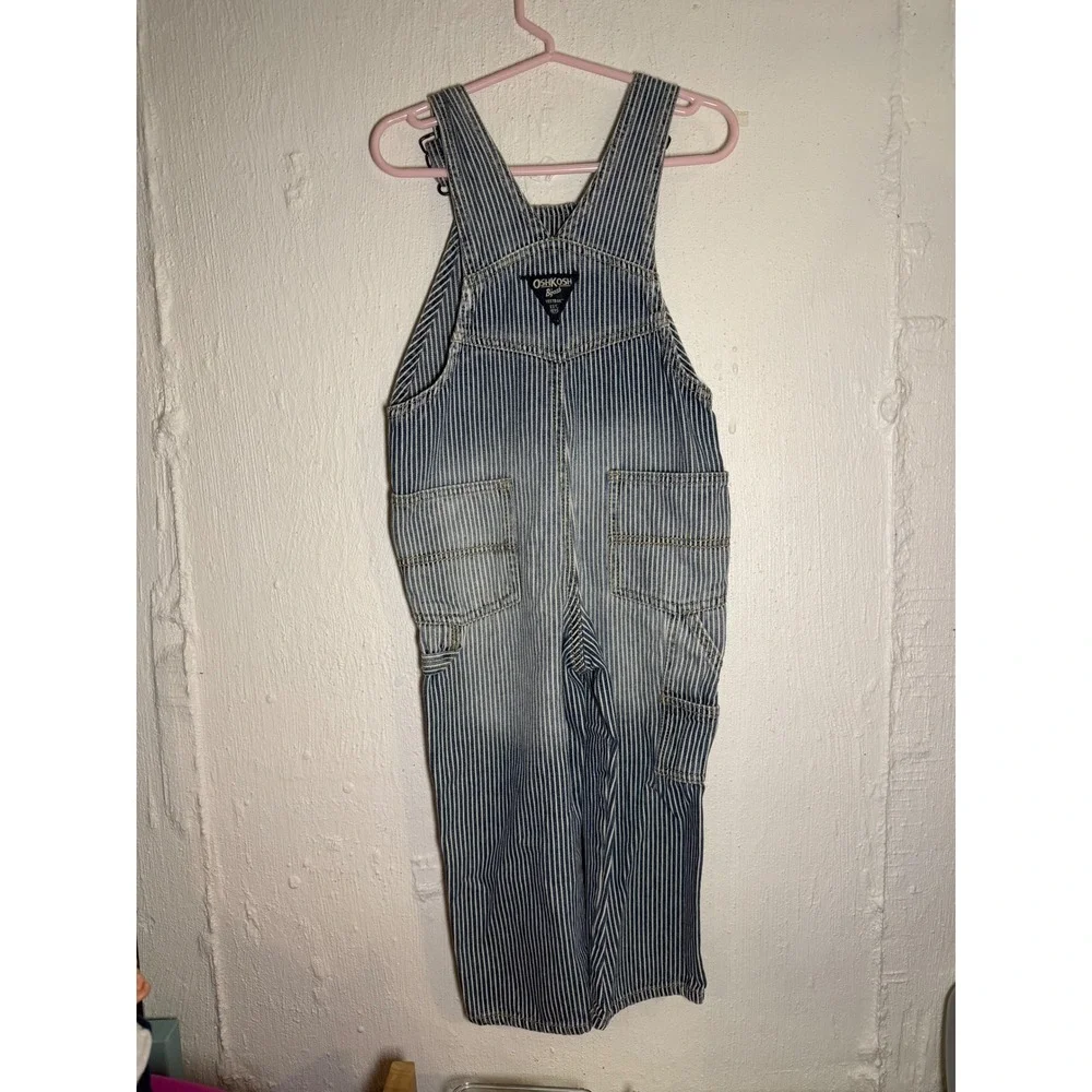 OshKosh Bgosh Kids 3T Hickory Stripe Denim Overalls Railroad Blue White Vestbak